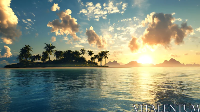 Tropical Island Sunset with Golden Hour Illumination and Dramatic Cumulus Cloud Formation