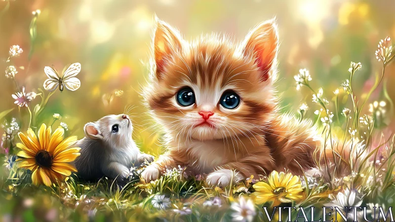 Digitally rendered feline and rodent in floral meadow setting