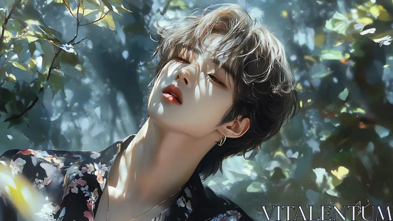 Digital portrait of young person in dappled forest light.