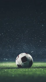 Soccer ball on wet grass field under falling raindrops at night.