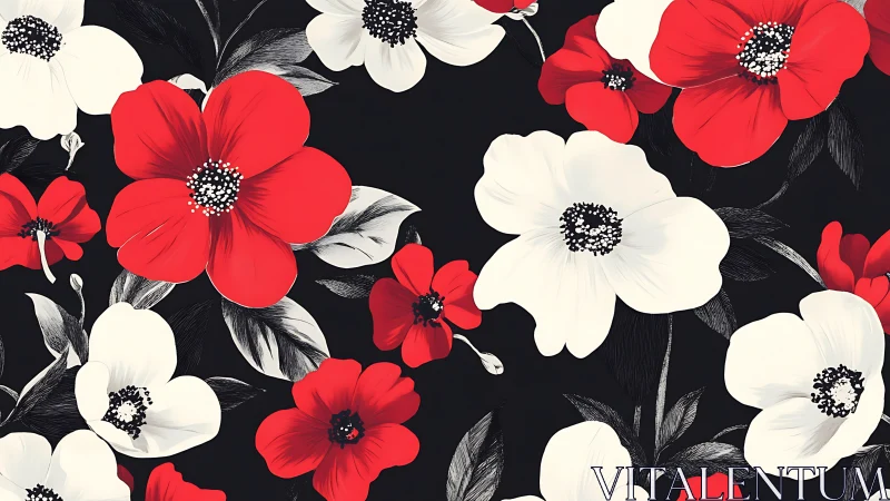Botanical Vector Pattern: Red and White Floral Motifs on Black Ground