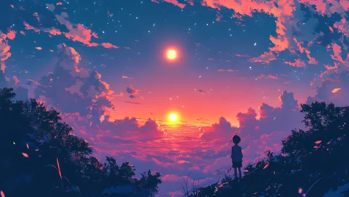 Twin suns drift above a dreaming child at the cloud’s edge.