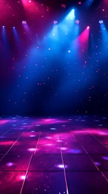 Empty tiled stage under blue and magenta spotlights at night.