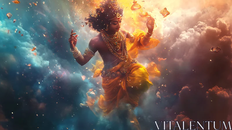 Mythic figure suspended in colored cloudlike atmosphere.