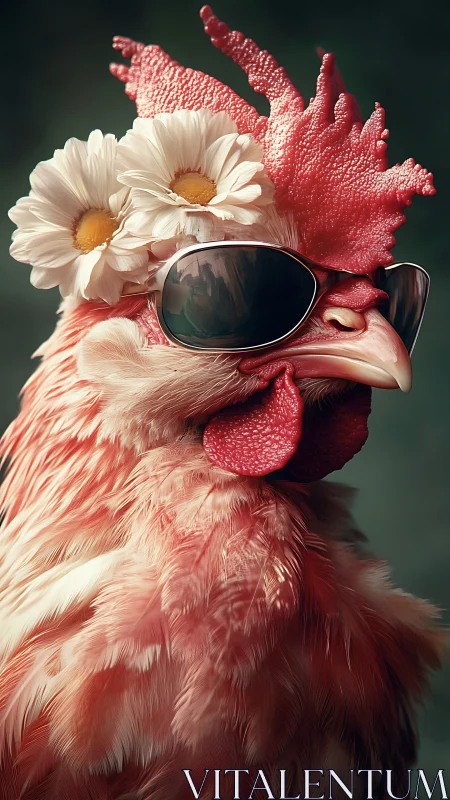Anthropomorphic Rooster Portrait With Sunglasses and Daisy Crown Composition
