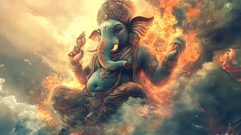 Digital Ganesh deity amid fire and clouds in meditation.