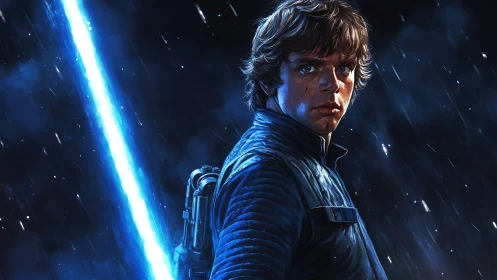 Stormlit space warrior with blazing blue energy blade.