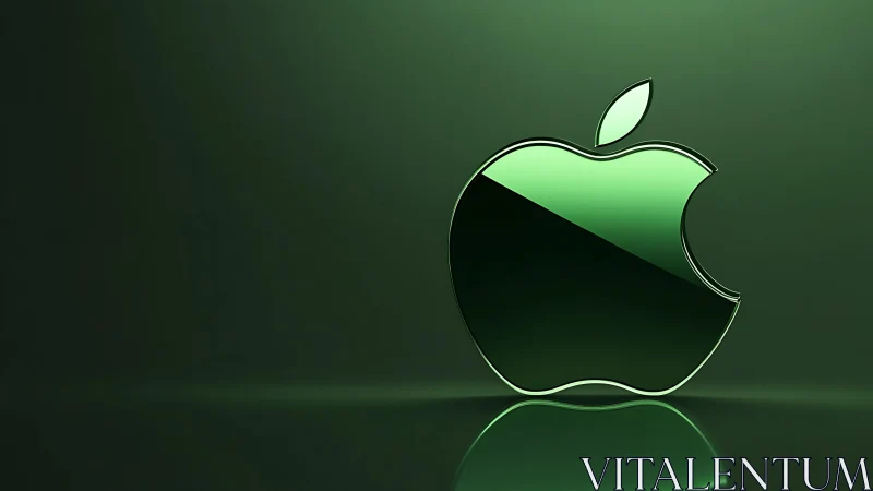 Green glass apple logo on glossy reflective surface.