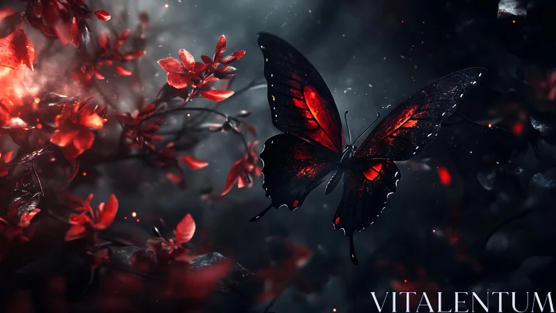 Dark red butterfly glows above crimson forest floor