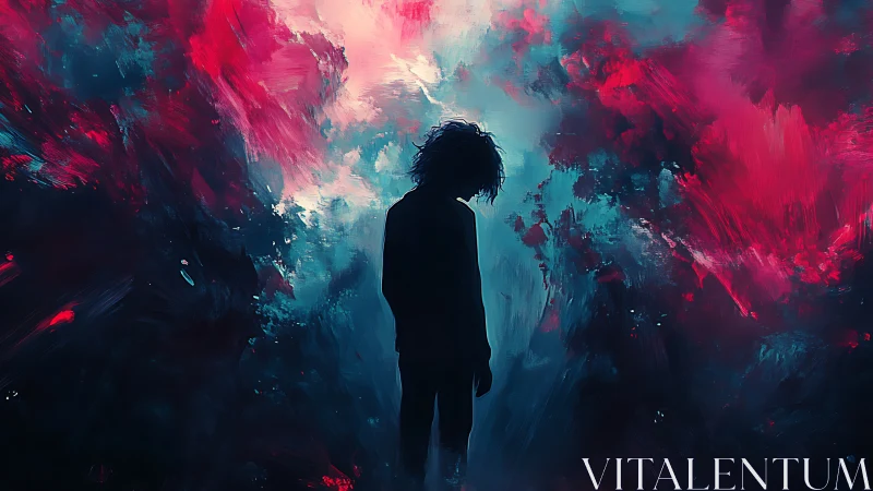 Solitary silhouette amid abstract neon storm sky.