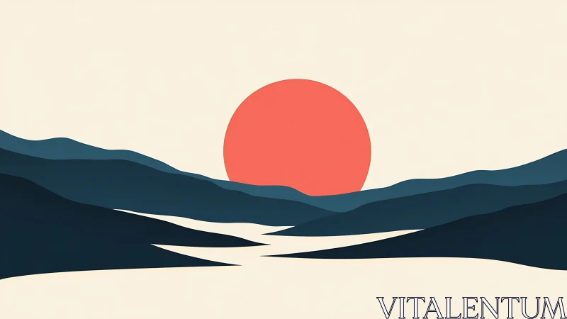 Minimalist vector sunset over layered stylized mountain silhouettes