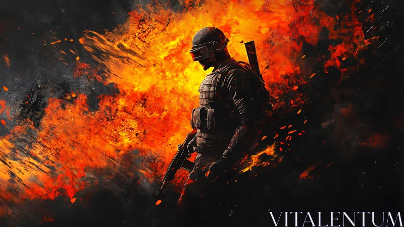 Armored soldier silhouette within molten fire blast.