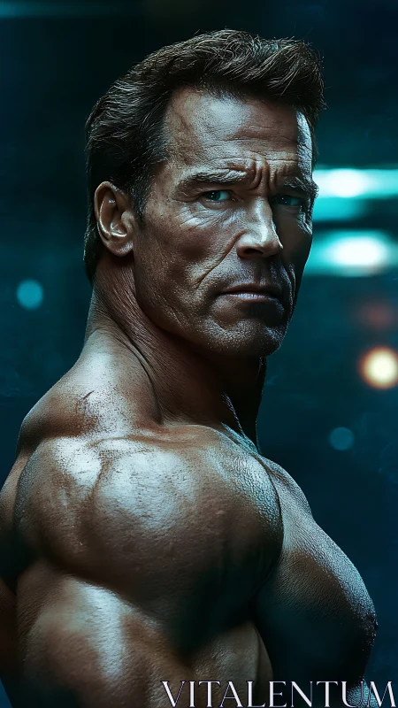 Titan of steel-blue sinew turns toward the ghostlight