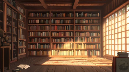 Quiet wooden library bathed in warm afternoon light.