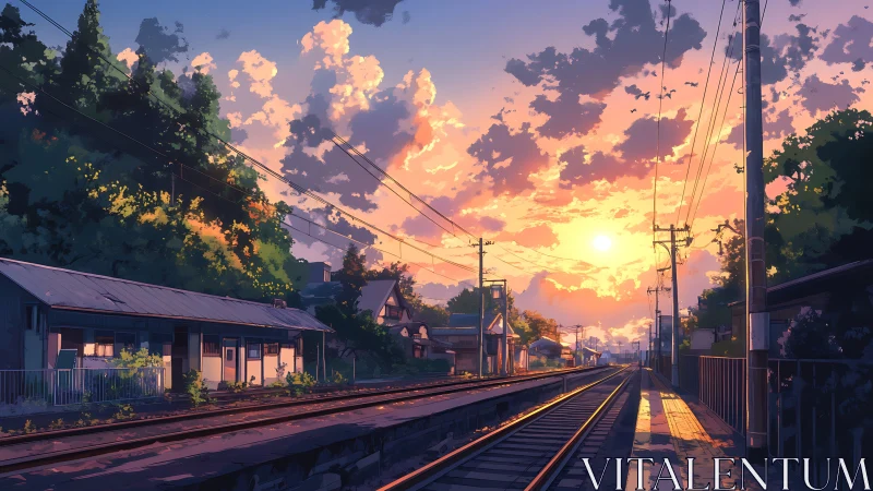 Railway tracks through small town at low sun over horizon.