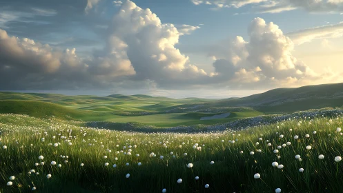 Parametric meadow panorama with volumetric clouds at sundown.