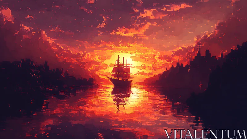 Pixel ship silhouette sails through incandescent sunset river.