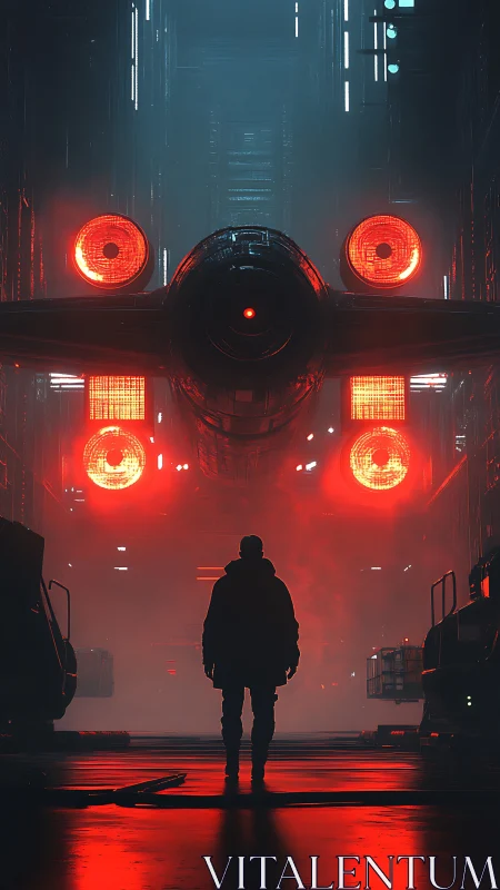 Lone figure facing red-lit starship in industrial hangar.