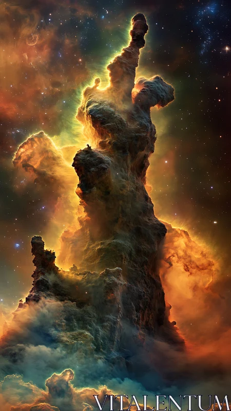 Towering cosmic nebula glows in vivid orange and teal light