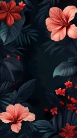 Tropical Floral Composition with Coral Blooms Against Dark Foliage