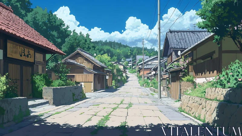 Sunlit rural stone lane with traditional timber facades.
