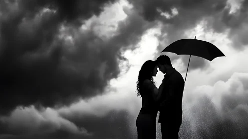 Silhouetted Couple in Rain Beneath Umbrella Against Stormy Sky.