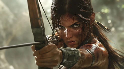 Battle-scarred jungle archer locking eyes with her target.