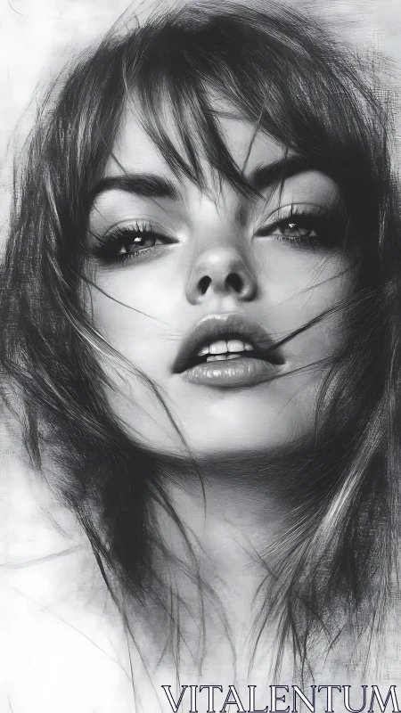 Monochrome portrait captures intense gaze and soft motion.