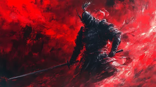 Armored swordsman silhouette cuts through turbulent red vortex
