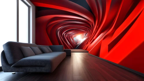 Modern living room with abstract red 3D wall art design.