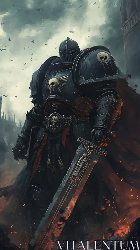 Armored warrior with greatsword in dark ruined landscape.