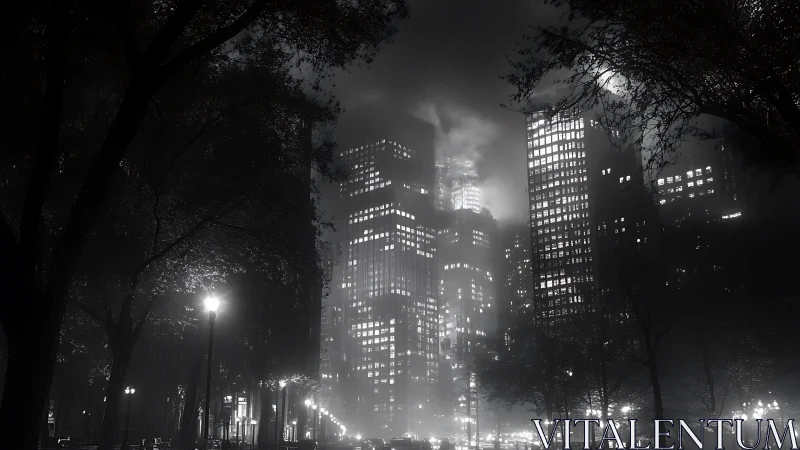 Monochrome night cityscape with luminous towers in rain-soaked park.