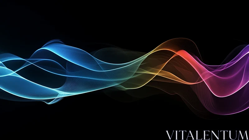 Colorful light waves flow across a deep black digital void