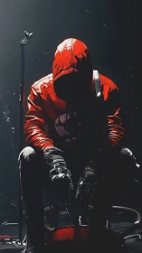 Hooded vigilante in red jacket under hard spotlight composition.