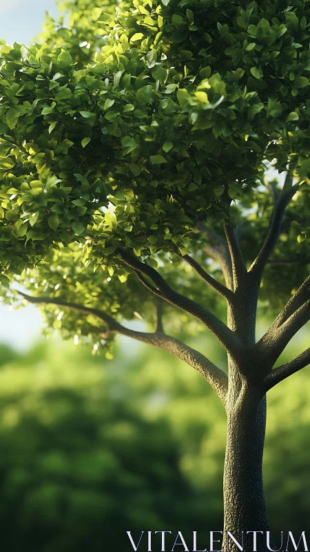 Sunlit green tree with textured trunk in soft focus setting.