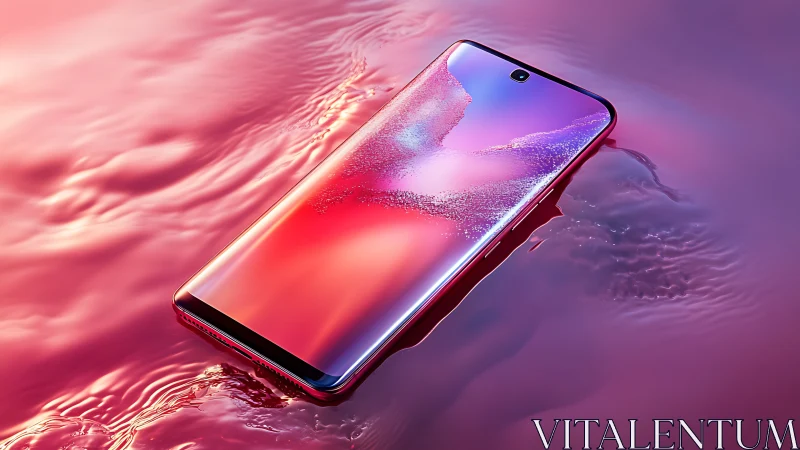 Sleek bezel-less smartphone floats on liquid surface with reflective glare