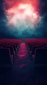 Empty cinema aisle faces glowing nebula screen portal