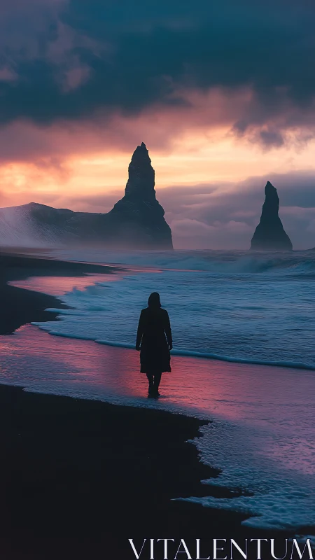 Solitary Wanderer Gazes at Ocean's Majestic Rock Towers.