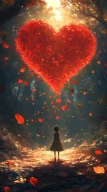 Girl stands beneath massive composite heart made of floating red fragments