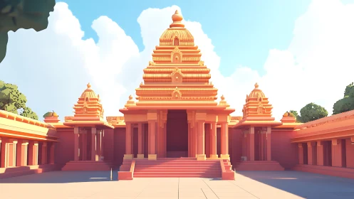 Sunlit terracotta style temple courtyard in soft 3D render.