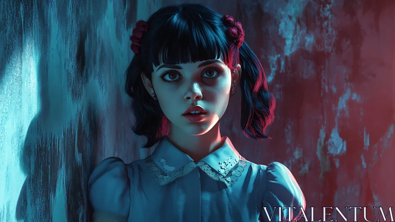 Cinematic portrait of blue dress girl in dual neon lighting