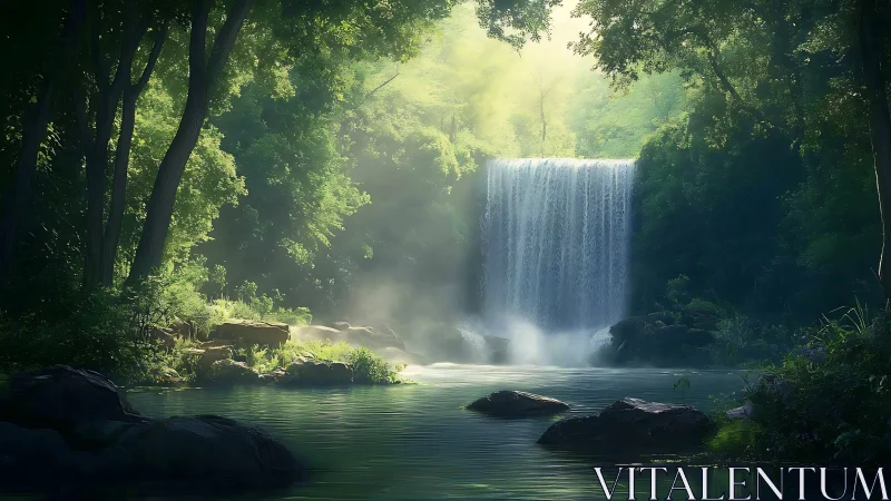 Waterfall in Dense Forest with Misty Atmospheric Conditions.