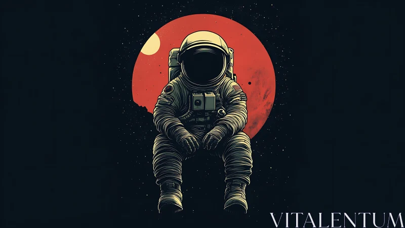 Solitary astronaut drifts before red planetary disc