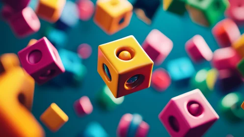 Colorful hollow cubes with spheres drift in playful motion.