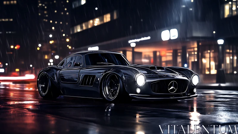 Low-slung Mercedes coupe rendered on wet night city street