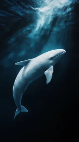 Solitary white whale glides through deep blue light shafts