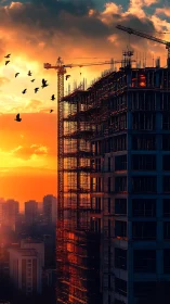 Sunset cranes crown a burning glass tower in mid-birth.