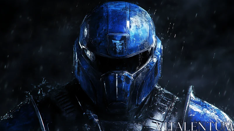 Armored blue sci-fi soldier stands in relentless rainstorm.