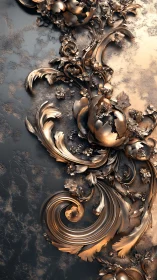 Ornate metallic floral relief with swirling baroque elements.
