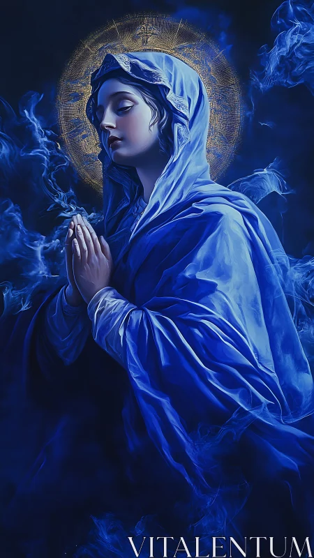 Veiled woman prays in blue robes before radiant golden halo